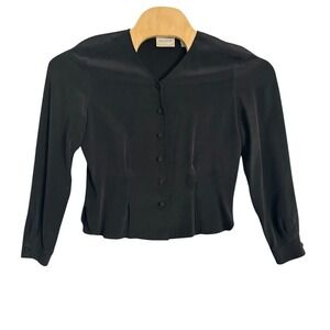 Preview Collection Black 100% Silk Button Front V-Neck Blouse Size M 50268